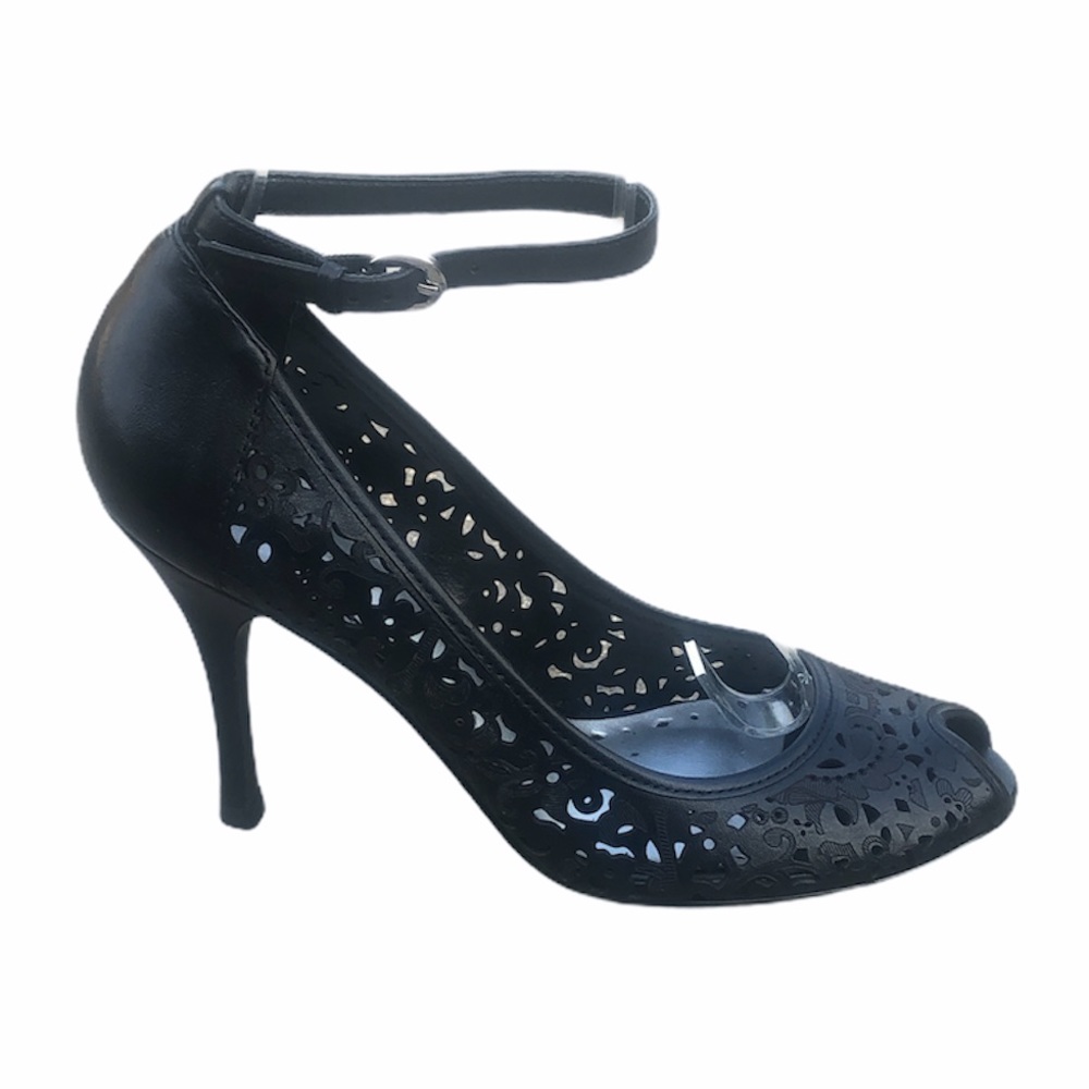 BCBGirls Black Leather Laser Cutout Heels